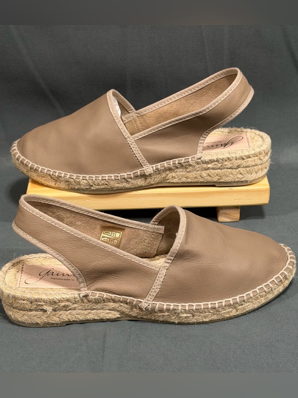 Gaimo Leather Slingback Espadrilles Low Wedge Handmade Spain Taupe EU36 US 5.5 6